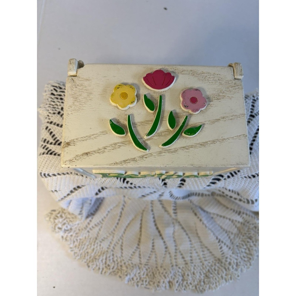 Vintage Recipe box flip open flowers Floral wood look white green pink FTD 1985 - Picture 2 of 11